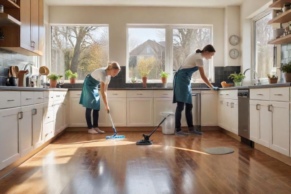 a bright realistic high resolution composite image showing residential cleaning scenes a cleaner (1)