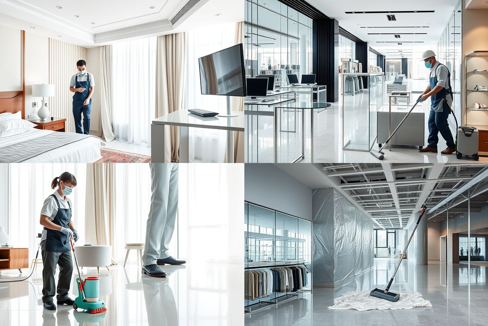 a realistic high resolution composite image showing professional cleaning staff at work in different (1)