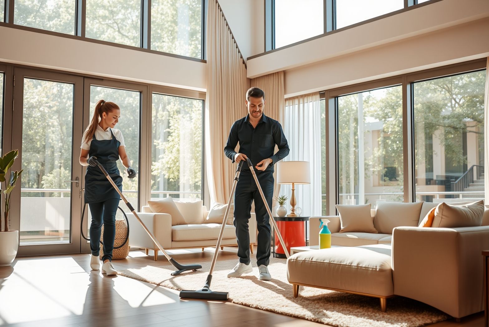 inspiring scene of a professional cleaning team working in a luxurious modern living space with lar